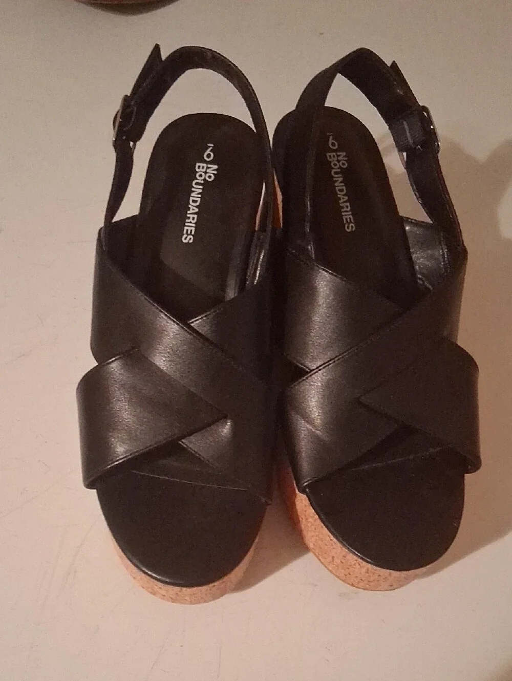 No Boundaries Black Wedge Sandals with Cork-Style Platform